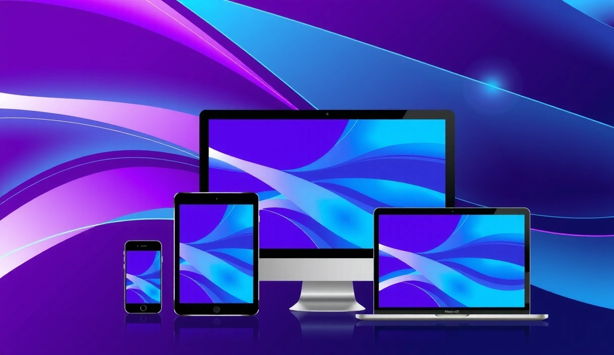 Ilustrație abstractă a unui design responsiv pe diferite dispozitive, cu linii fluide și elemente care se adaptează armonios.