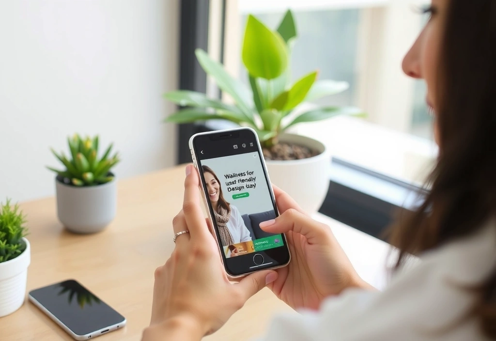 O persoană zâmbitoare care folosește un smartphone, vizualizând un site web cu un design impecabil și ușor de utilizat.