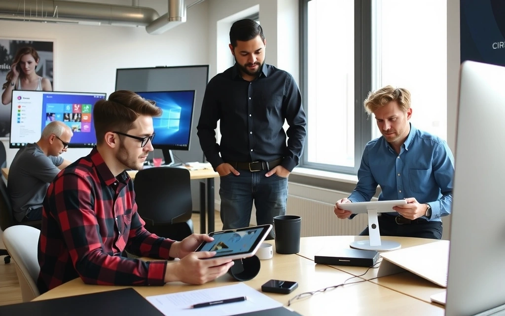 Echipă de designeri colaborând la un proiect de branding, folosind tablete grafice și ecrane multiple, într-un mediu creativ și modern.