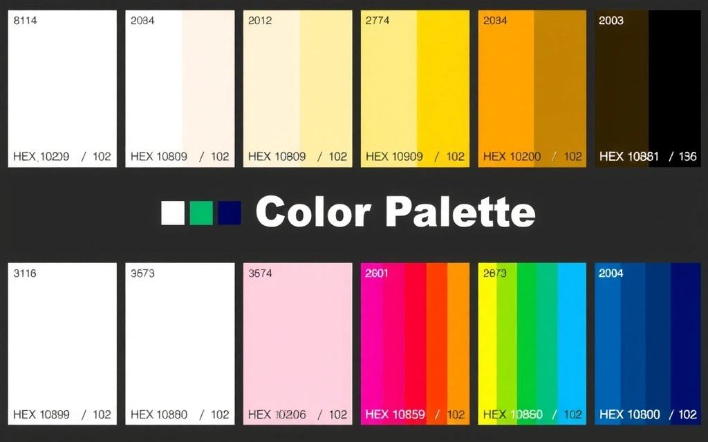 O paletă de culori armonioasă prezentată cu mostre de culoare și coduri HEX, demonstrând coerența vizuală.