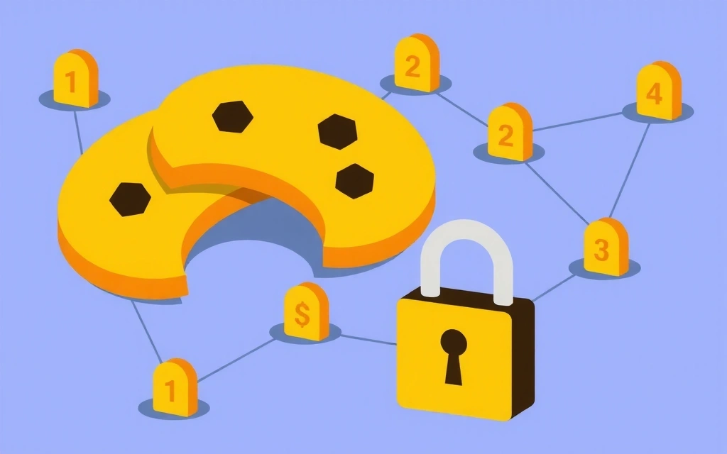 Ilustrație cu simboluri de cookie-uri și date digitale