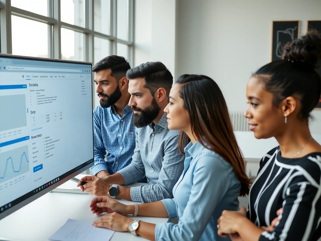 Echipa de designeri colaborând la un proiect de web design pe un ecran mare