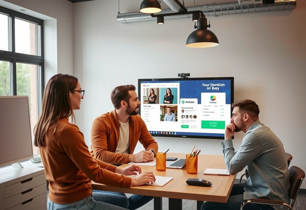 Echipa DesignPulse lucrând într-un birou modern, colaborând la un proiect de design web.