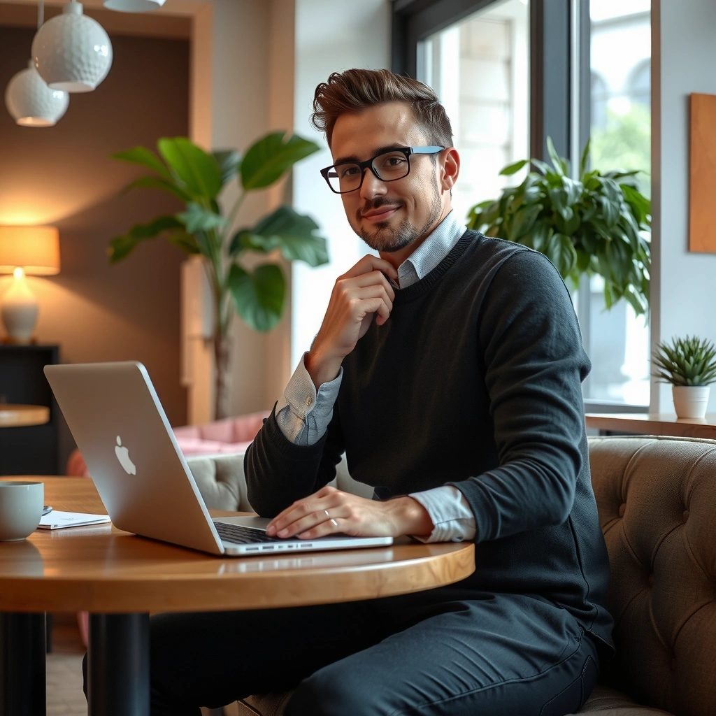 Specialist Conținut Digital, scriind la laptop.