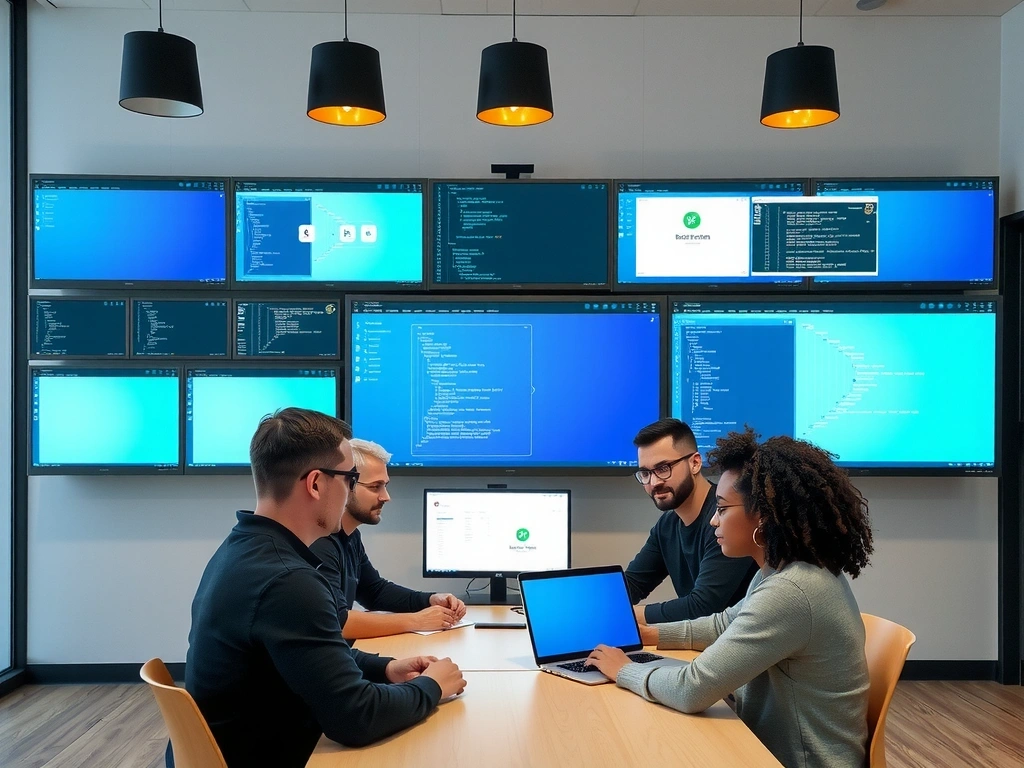 Echipa de dezvoltatori web care lucrează la un proiect, cu diagrame de flux și cod pe ecrane