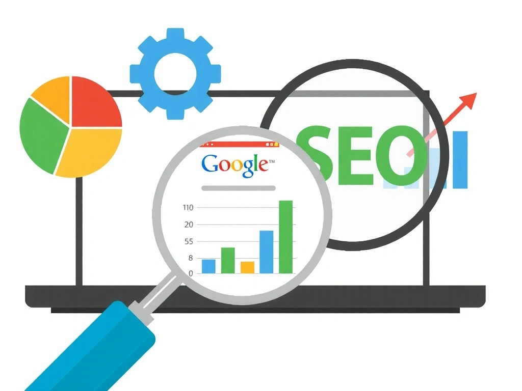 Ilustrație abstractă cu concepte SEO, pagină de rezultate motor de căutare, lupă, analiză de date, modern