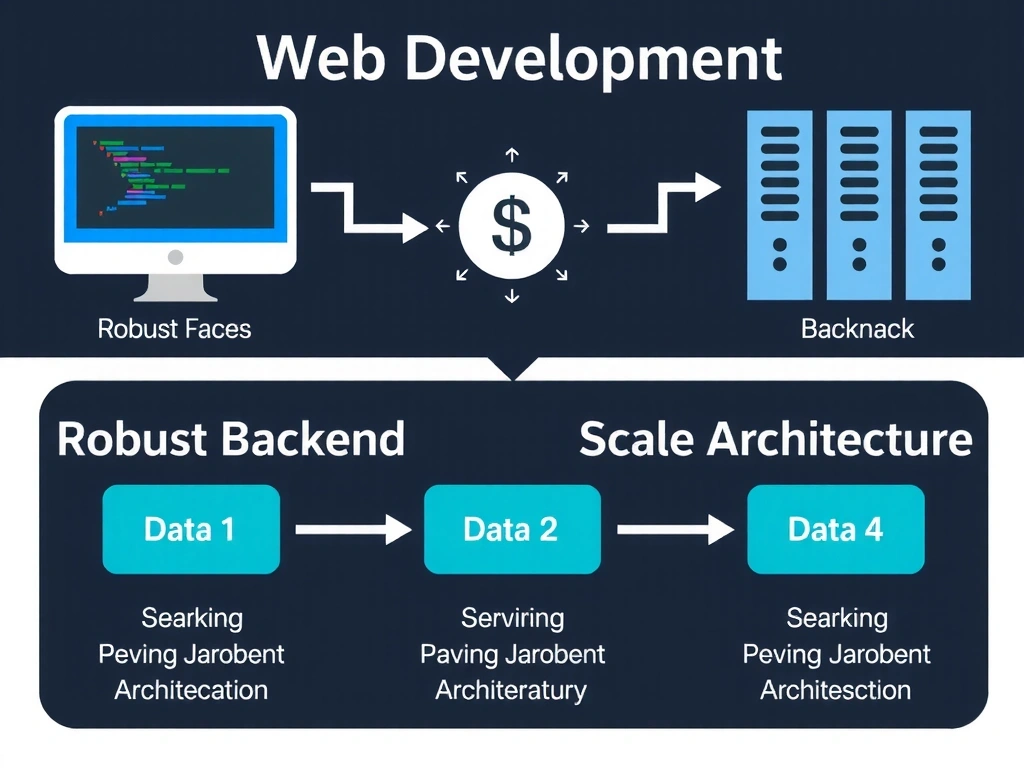 Ilustrație a procesului de dezvoltare web, codare și infrastructură