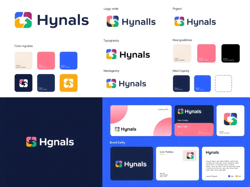 Ilustrație a branding-ului, cu logo-uri, palete de culori și elemente de identitate vizuală