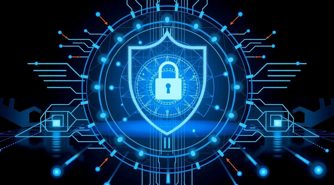 Imagine conceptuală a unui scut digital care protejează datele, cu un lacăt stilizat și elemente de interfață futuriste.