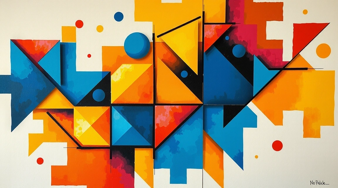 Pictură abstractă reprezentând proprietatea intelectuală, cu forme geometrice interconectate și culori vibrante.